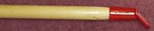 Broom Handle  Red Metal Tip 1.125 inch diameter with red metal connecter on the end. Lacquered hard wood handle 60 inches long.